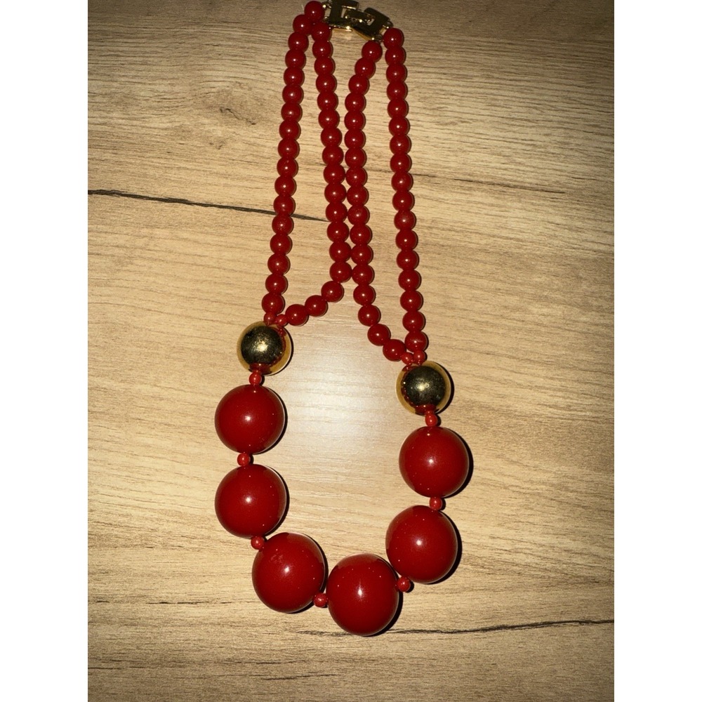 Vintage‎ MONET Beaded Necklace 1980s Couture Gold Red Statement 18"